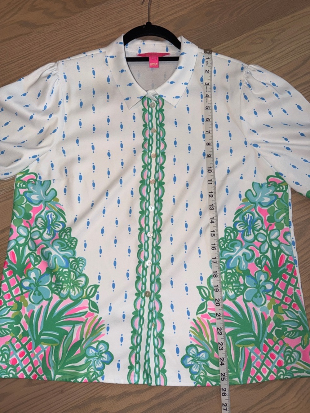 Lilly Pulitzer White Blouse with Green & Pink Botanical Border - Picture 12 of 13